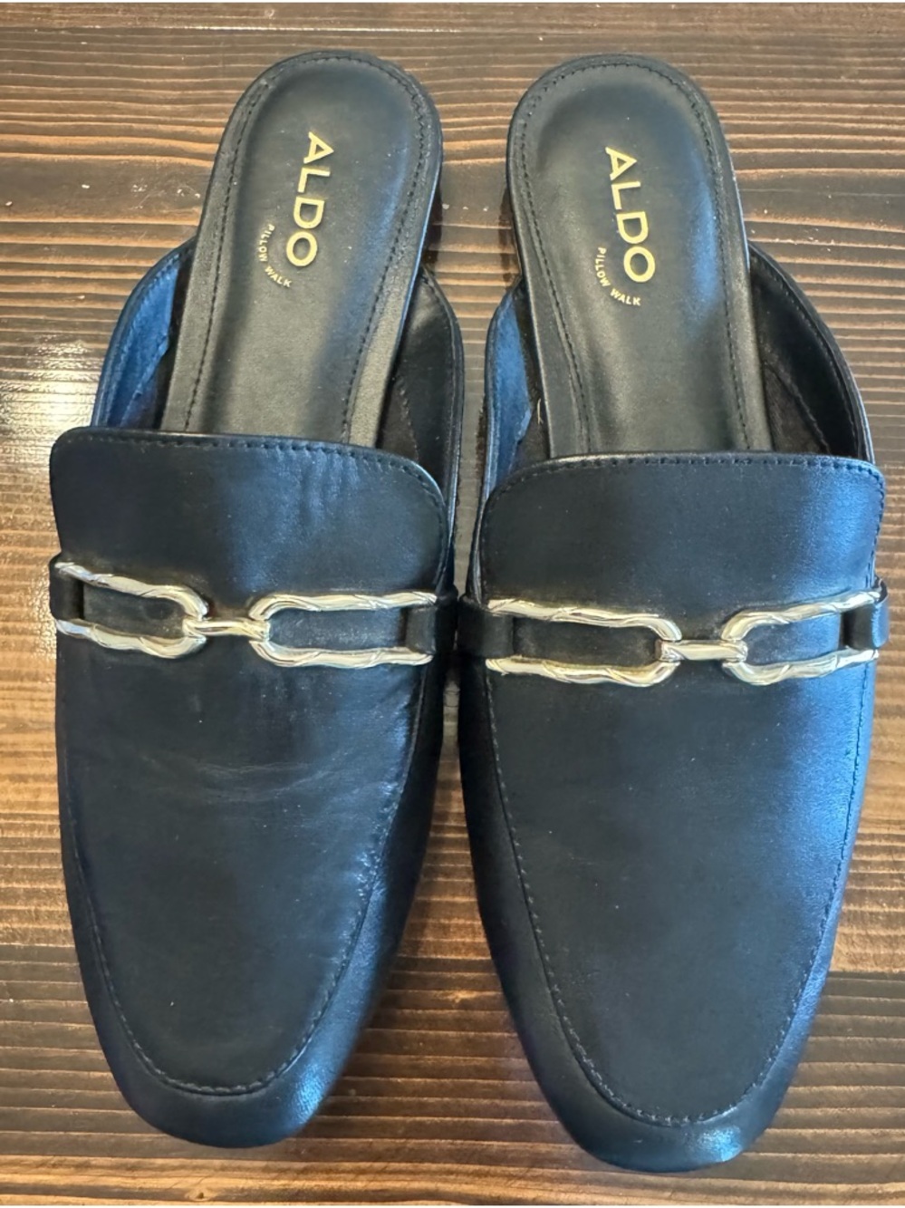 Aldo Black Leather Slip-On Mules with Gold Bit Accent Size 6.5